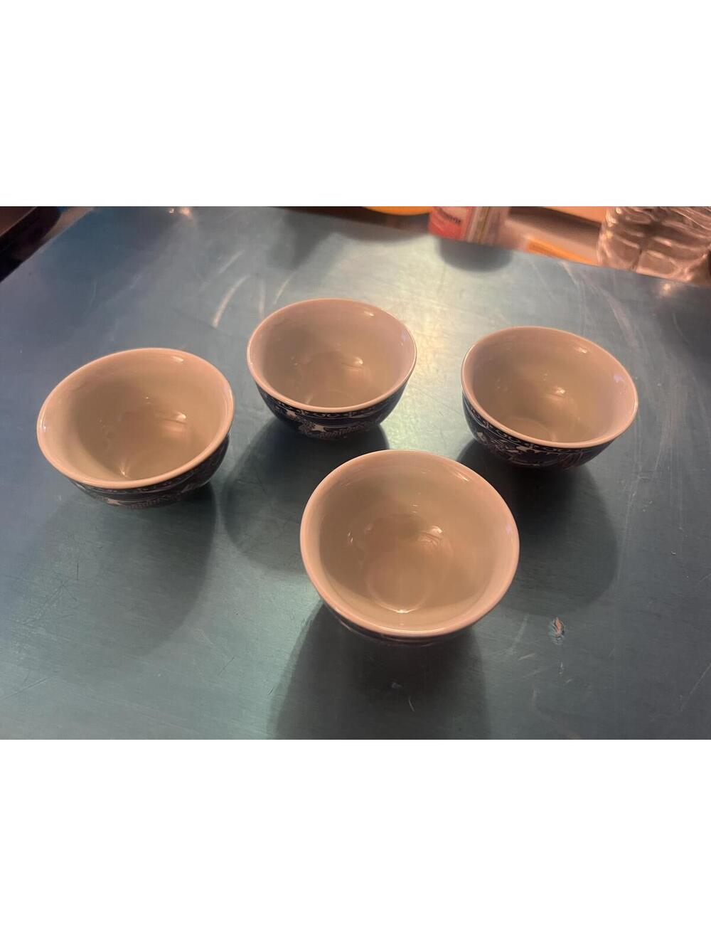 Set of 4 Blue and White Ceramic Tea Cups with Fish Design